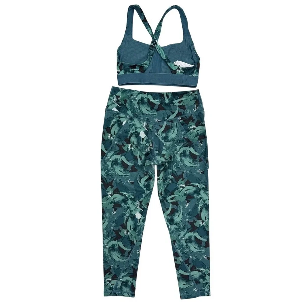 Patagonia Womens‎ Teal Abstract Print Sports Bra and Cropped Leggings Set Small